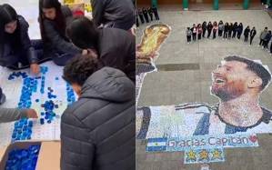 纪念世界杯夺冠!阿根廷学生们用9万个瓶盖组成梅西捧杯肖像
